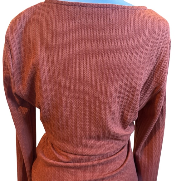 Ribbed Wrap Tie Waist Long Sleeve Top Rust Brown - Picture 6 of 7